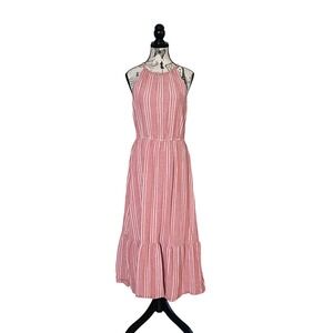 Old Navy Midi Dress Womens Medium Red Stripe Linen Blend Braided Halter Boho